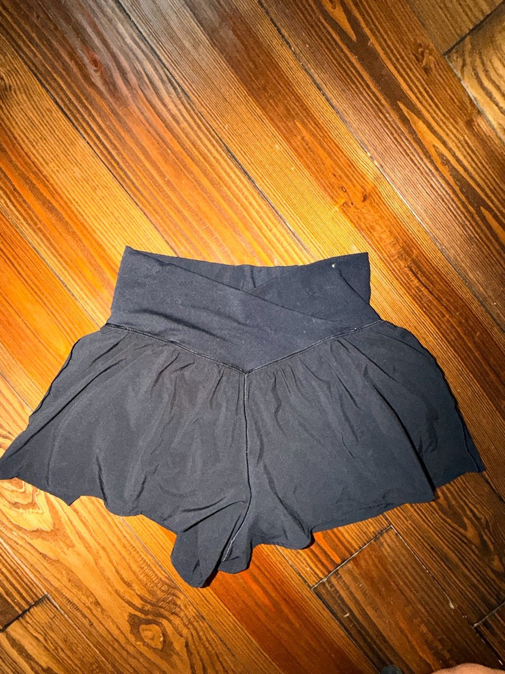 aerie Black Flared Athletic Shorts with Crossover Waistband